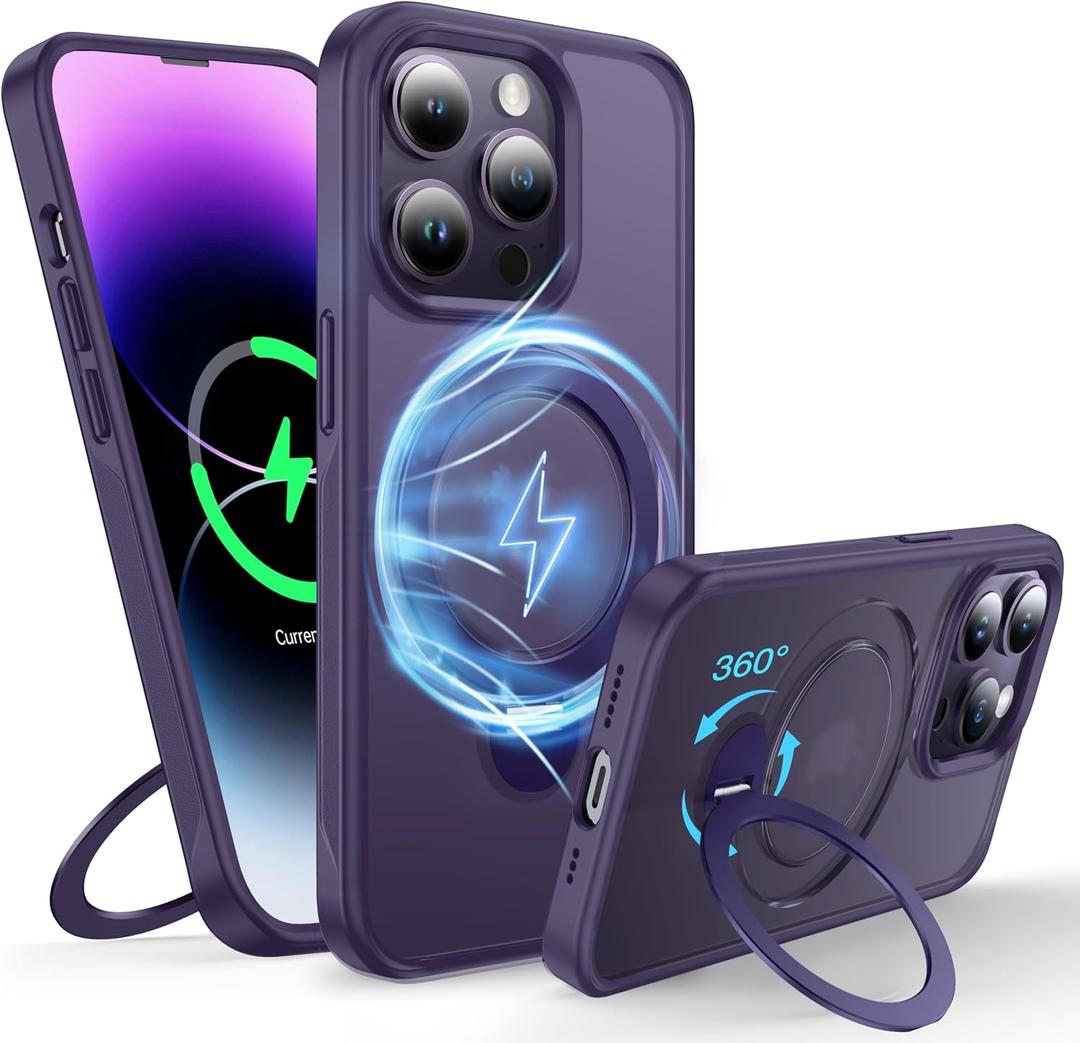 360Rotatable Magnetic Ring for iPhone 14 Pro Max Case Compatible with MagSafe [Non-slip Texture Edge][Built-in Kickstand][Military Shockproof]Translucent Matte Soft Silicone Bumper Slim,Purple