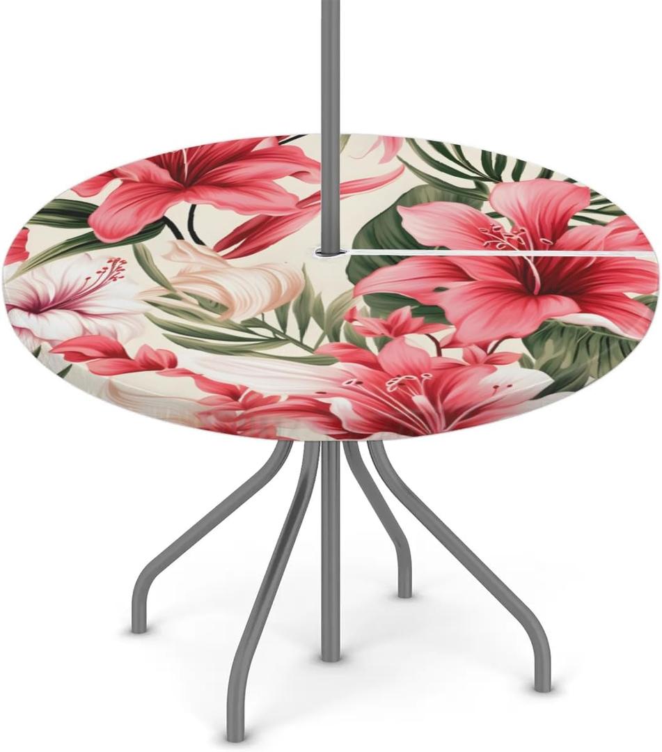 Round Outdoor Tablecloth with Umbrella Hole and Zipper Tropical Flowers Waterproof Round Fitted Tablecloth with Elastic Wipeable Table Cloth for Picnic, Patio,Garden (36"-44")