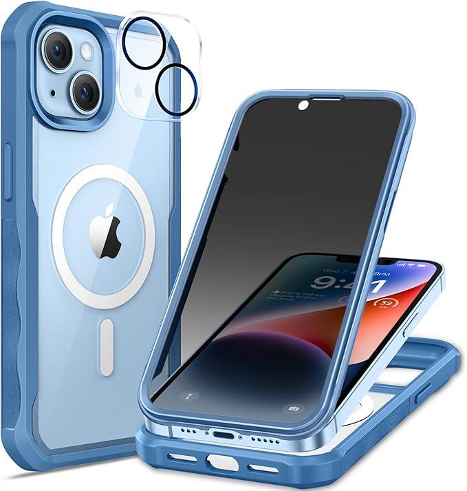 seacosmo for iPhone 14 Plus Case, Full Body Bumper with Built-in 9H Tempered Glass Privacy Screen and Camera Lens Protector, Compatible with MagSafe, Shockproof 14 Plus Phone Case, 6.7", Blue