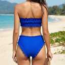 Women's Ruffle Bikini Set 2 Piece Swimsuit, Smocked Bandeau Top, High Waisted Bottom, Cheeky Coverage (Blue, L)