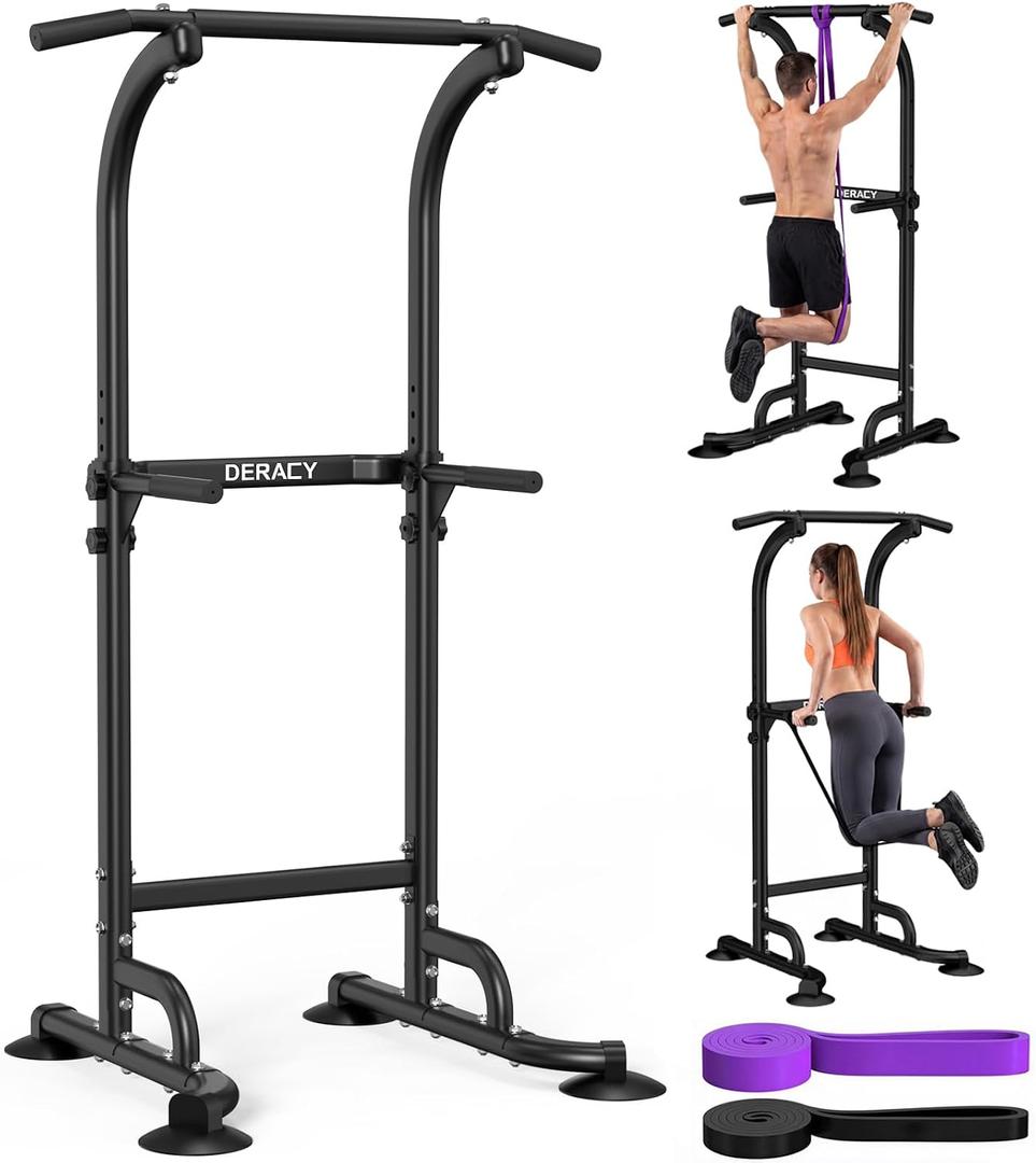 DERACY Pull Up Bar Free Standing, Power Tower with Pull Up Assistance Bands, Adjustable Height Pull Up Dip Station, Dip Bars for Home Gym Strength Training, Push Up Bar