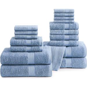 LANE LINEN 100% Cotton Bathroom Towels - 18 Piece Set - Super Soft, Quick Dry & Absorbent - 4 Bath, 8 Washcloths, 6 Hand Towels for Bathroom - Hotel Quality & Suitable for Family - Cerulean Blue
