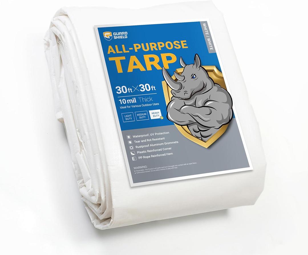 GUARD SHIELD Heavy Duty Tarp 20x30 Feet White Multi Purpose Thick Waterproof Poly Tarp Cover 10mil