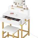 BOLUO Gold Makeup Vanity Desk with Hollywood Mirror and Lights, Girls Vanity Set with Stool, Compact Make Up Table with Drawers and Outlet for Bedroom Small Space