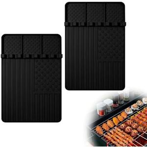 2 PCS Silicone Griddle Tools Mat for Blackstone,Grill BBQ Caddy Utensils Holder for Kitchen,Cooking & Countertop,Large Spatula Mat with Drip Pad,Griddle Accessories for Blackstone (Black 2pcs)