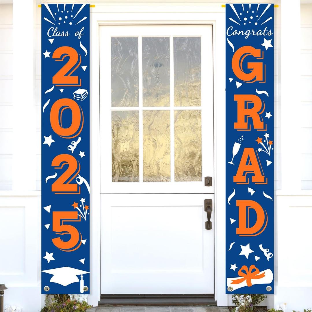 Graduation Porch Banner Class Sign Congrats Grad Hanging Flags High School College University Party Decoration For Front Door Outdoor Blue Orange