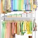 Sakugi Clothes Rack - 45.2" x 12.2" x 79.5" Clothing Rack with Shelves & Wheels, Multi-Functional Wardrobe Closet with Hooks, Sturdy Metal Garment Rack for Bedroom, Laundry, Balcony (White)