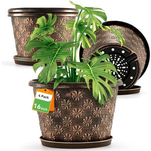 16 Inch Planter Pots for Plants, Plastic Large Flower Pots Indoor Outdoor, 4 Pack Resin Plant Pot with Drainage & Saucer, Retro Decorative Garden Pot with Removable Trays for House