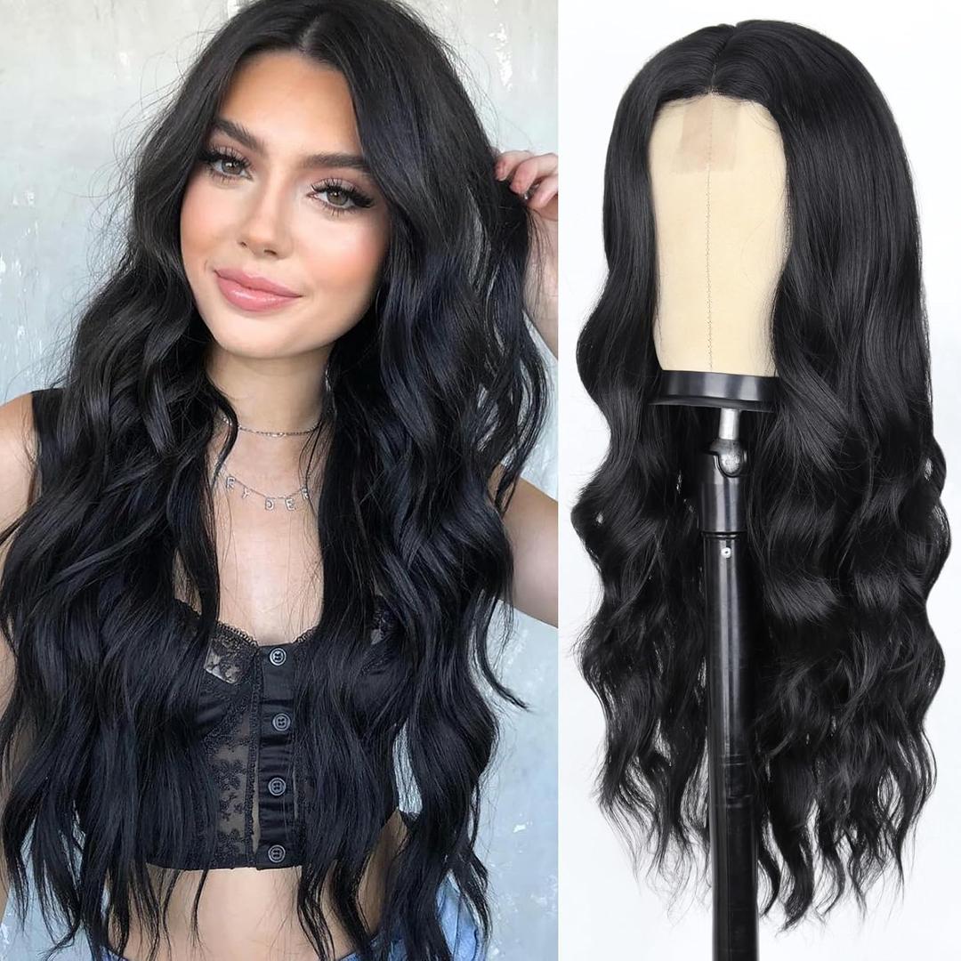 WERD Long Black Wavy Wigs for Women Black Curly Wig with Middle Part Synthetic 26 Inch Natural Looking Black Wig for Daily Party Use