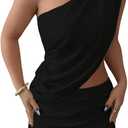 Verdusa Women's 2 Piece Y2k Outfits Ruched One Shoulder Tops with Bodycon Mini Skirt Sexy Going Out Sets (Large, Black)