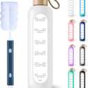 PROBTTL 32 Oz Borosilicate Glass Water Bottle with Time Marker Reminder Quotes, 1 Liter Leak Proof Reusable BPA Free Motivational Water Bottles with Silicone Sleeve and Bamboo Lid (White)