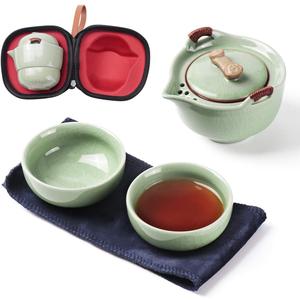Travel Ceramic Tea Pot Set, Chinese Kung Fu Teapot 1 Pot 2 Mini Cup Porcelain Gongfu Teacups with Infuser Portable Bag All in One for Picnic Outdoor Camping Hotel (Green)