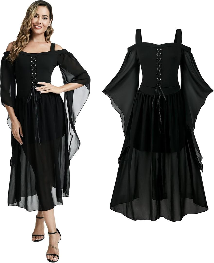 Women Renaissance Costumes Gothic Halloween Costume Cold Shoulder Butterfly Sleeve Lace Medieval Steampunk Dress