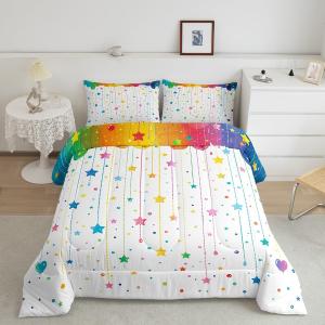 Feelyou Rainbow Star Comforter Set for Girls Boys Twin Size 2 Pieces Colorful Stars Kids Bedding Sets Colorful Dots Bed Collections White Rainbow Duvet Set(1 Comforter, 2 Pillowcases)