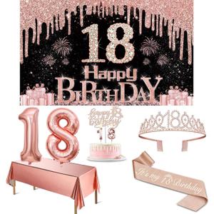 18th Birthday Decorations for Girls with Banner, Rose Gold Tablecloth, Number Balloons, 18th Birthday Sash and Tiara, Cake Topper and Candles