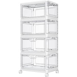 Kmiectse Clear Storage Bins with Lids - 4 Tier Plastic Bins with Wheels, Stackable Storage Bin, Closet Organizers Box for Bedroom, Living Room, 23 QT Folding Box with Magnetic door