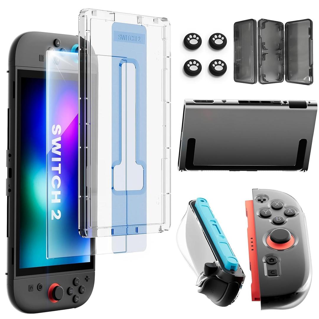 Switch 2 Screen Protector Accessories for Nintendo, 10-In-1 Bundle: Tempered Glass, Dockable Case Clear Hard Shell, Two Protective Cover for Joycon Controller Thumb Grip, 2025 Switch2 Console Game Kit