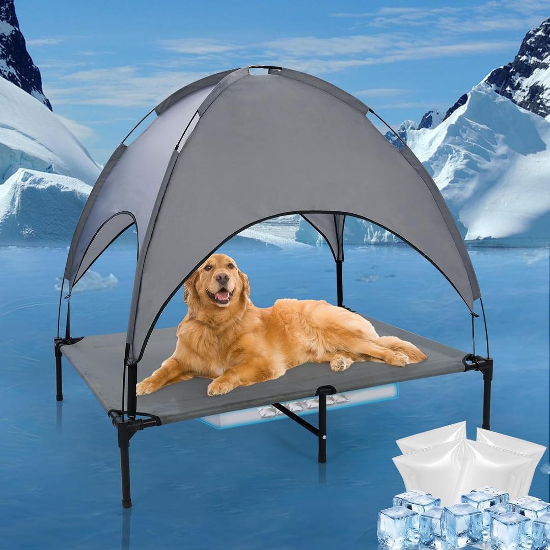 42'' Outdoor Elevated Dog Bed with Canopy, Raised Dogs Bed with Six Support Feet, Breathable Cooling Dog Cot Beds Medium Large Size Dogs, Outdoor Pet Hammock Beds, Outside Pet Beds with 4 Ice Pack (Large)