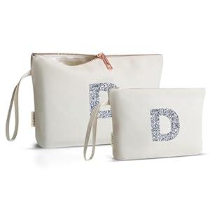 A-Z BAG 2pcs Personalised Makeup Bag Set, Canvas Cosmetic Bag with Rhinestone Initial, Birthday Gifts for Women (D, Beige)