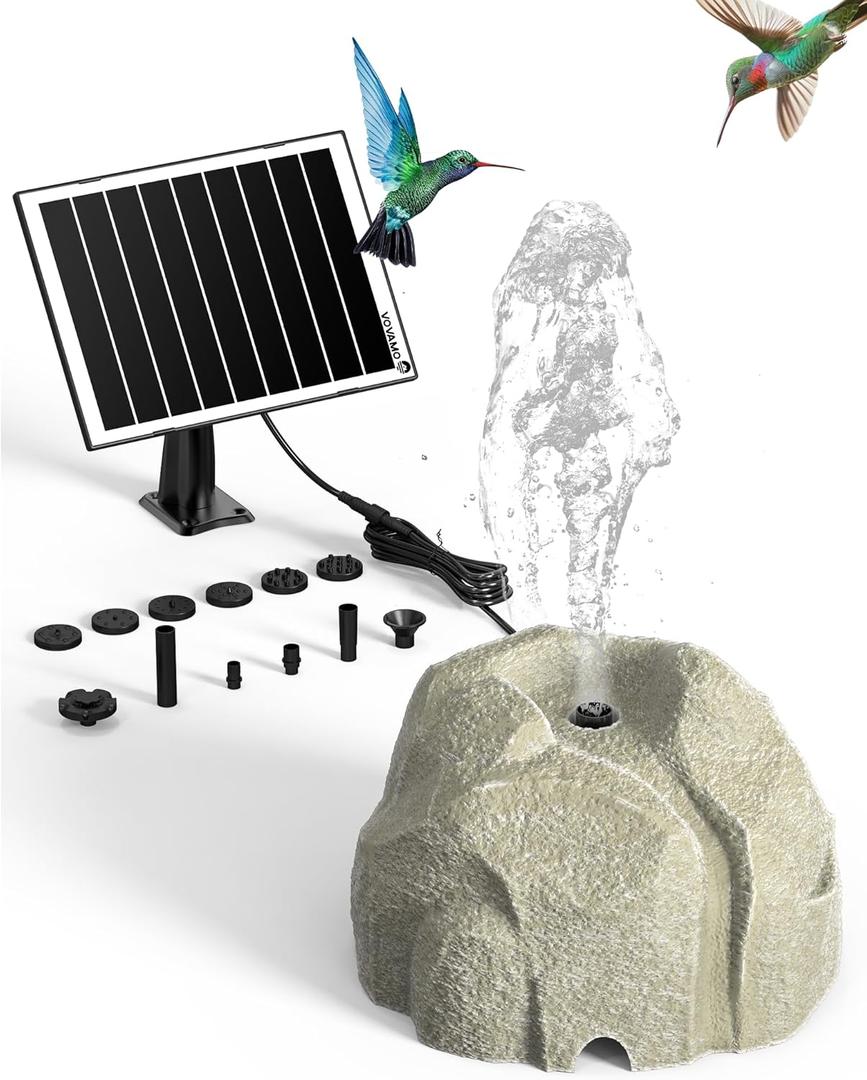Solar Fountain for Bird Bath with Dry Run Protection Solar Powered Bird Bath Pump with 10 Nozzles, Resin Granite Rock Bird Fountain for Outdoor Water Features, Ponds, Can Cloudy Day Use White