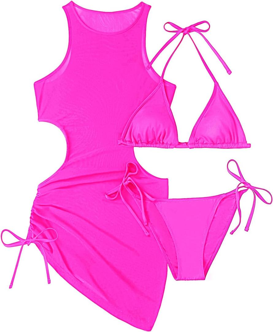 3 Piece Swimsuits Women Bikini Sets with Cover Up Halter Bathing Suit Set Sexy Cutout Coverup (Hot Pink, XL)