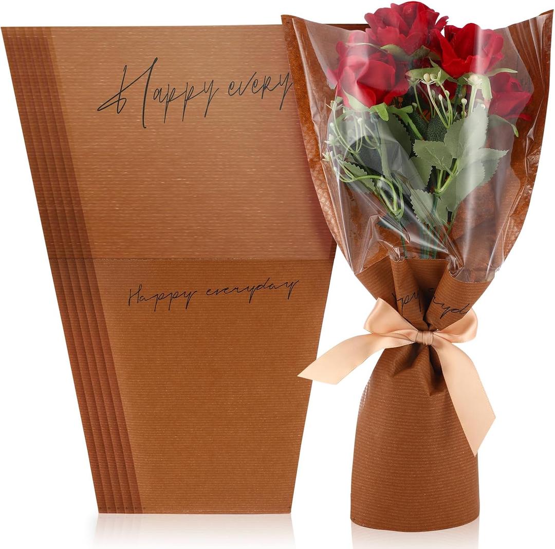 Harloon 100 Pcs Flower Wrapping Bags 11 x 5.1 x 17.3in Kraft Paper Flower Sleeves for Bouquet Clear Flower Wrapping Paper Multiple Flower Packaging Bag for Mother's Day Anniversary Wedding (Coffee)