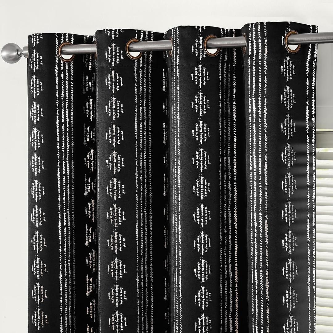 jinchan 95% Blackout Boho Curtains 84 Inches Long for Christmas Bedroom Living Room Decor Festive Silver Geometric Foil Printed Curtain Grommet Top Room Darkening Drapes Off White 52 x 84 2 Panels