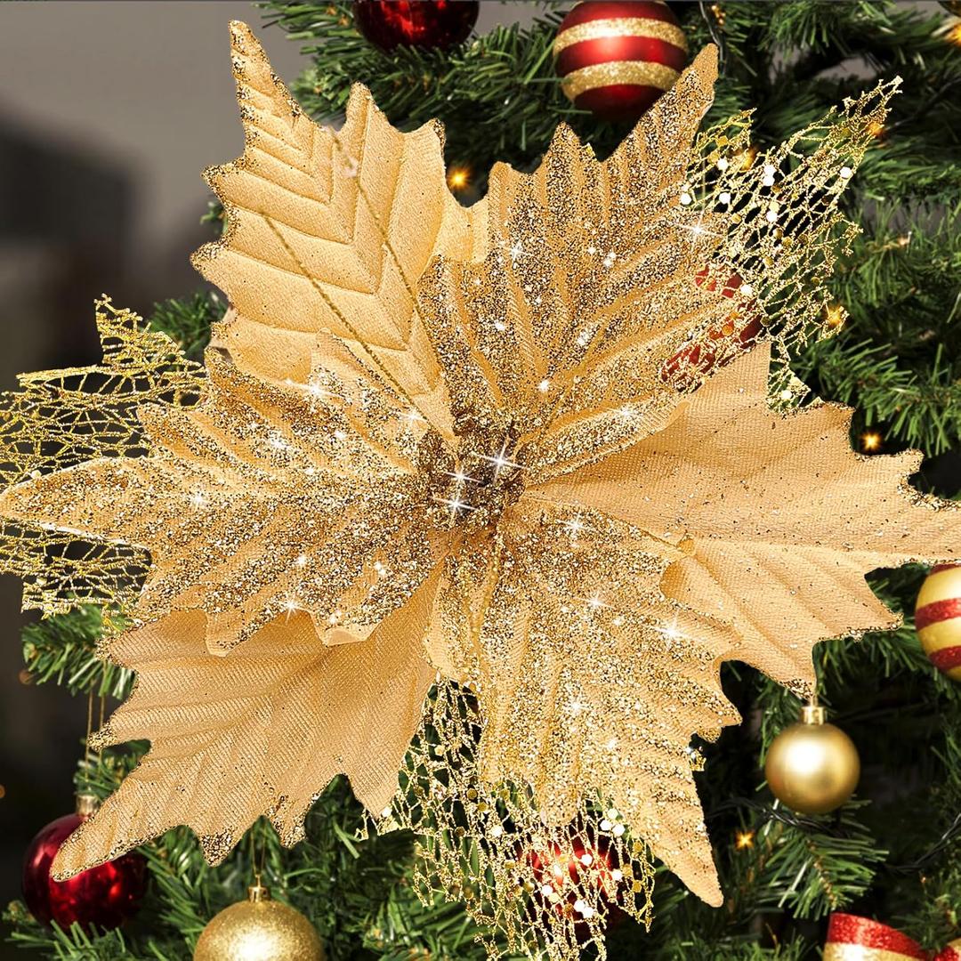 10'' Large Christmas Glitter Poinsettia Flowers Decorations, stadeco 10 Pcs Christmas Tree Picks Ornaments Artificial Flowers with Long Stems for Xmas Tree Wreath Garland Wedding Party DIY Decor (Gold)