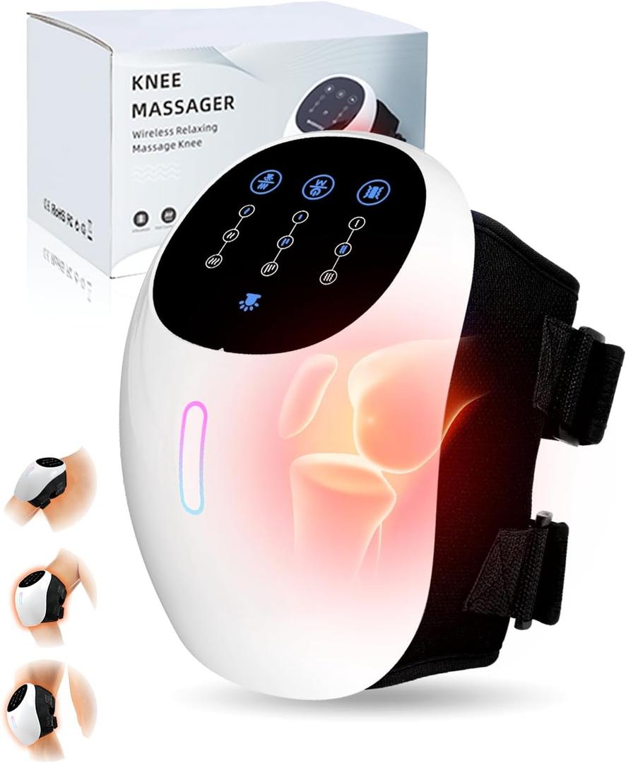 Knee Massager, 3-in-1 Cordless Portable Heated Knee Brace with Red Light Therapy, 3 Vibration Modes and 3 Heating Levels, Adjustable Straps for Grandma & Grandpa, White