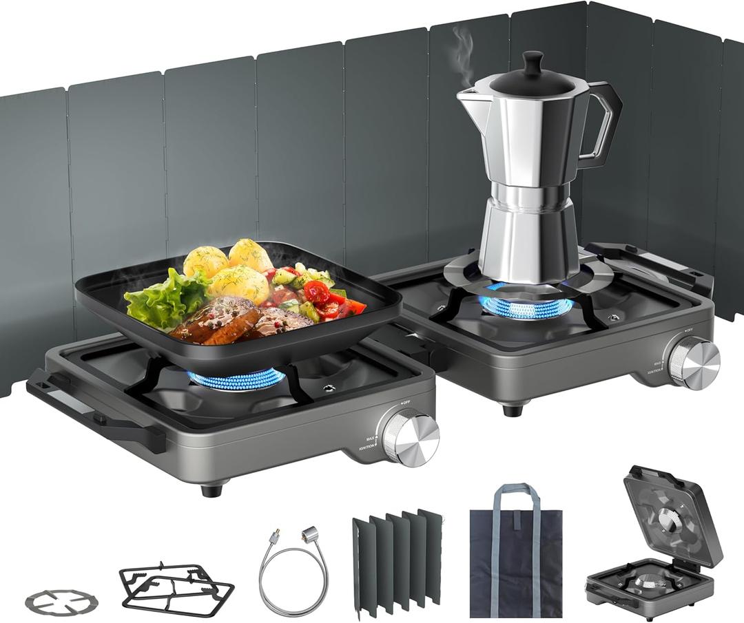 27000 BTUs 2 Burner Folding Camp Stove with Windshield, Portable Camping Stove Propane with Adjustable Burners &Carring Bag, Propane Gas Stove for Camping, Tailgating, BBQ (Gray)