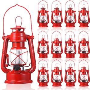 Hortsun 12 Pcs 8 Inch Vintage LED Hurricane Lantern Metal Red Outdoor Battery Operated Hanging Lantern with Warm LEDs and Dimmer Switch for Halloween Christmas Indoor Rustic Farmhouse Camping Decor