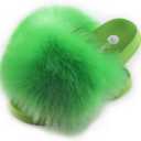 Women's Faux Fur Slides, Open Toe Cute Fur Slippers, Indoor or Outdoor Comfortable Furry Slide Sandals With Fluffy Fur (8-8.5, Green)