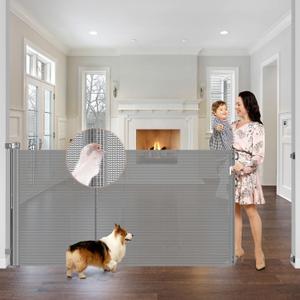 Reinforced 42" Extra Tall x 75" Wide Retractable Baby Gates with Support Rods - Prevent Crawling Under Extra Tall Pet Gate Indoor Mesh Baby Gates for Dogs Outdoor Retractable Gate, Gray