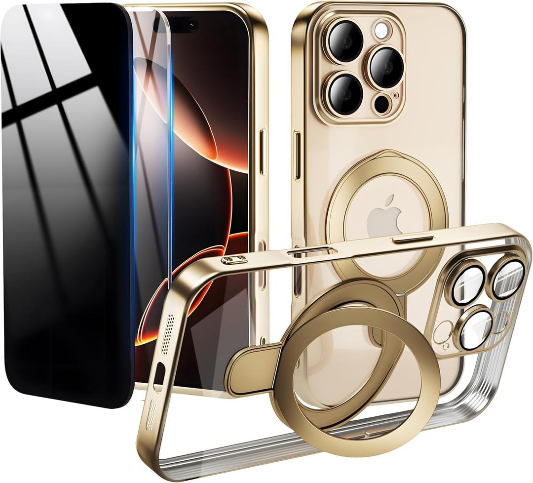 Privacy Case for iPhone 16 Pro Max with Magnetic Stand 1 HD & 1 Privacy Screen Protector, Full Camera Lens Protector Fits for MagSafe Shockproof Not Yellowing Luxury Plating Edge Clear Kickstand Case (Gold)