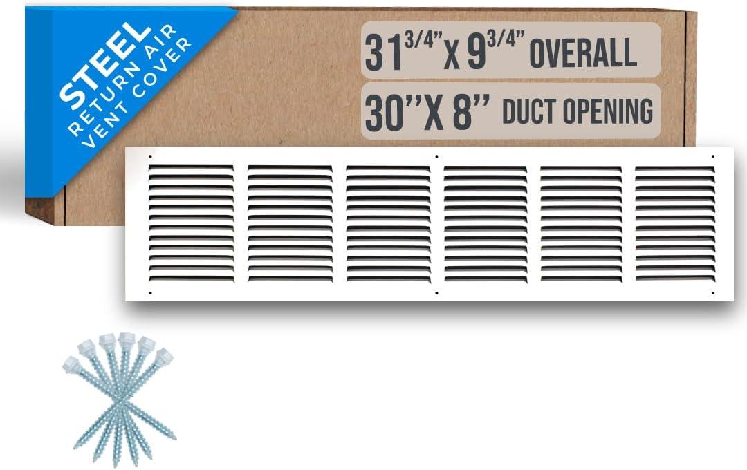 Fits 30x8 Duct Opening | Steel Return Air Grille by Handua | Vent Cover Grill for Sidewall and Ceiling | White | HVAC Cold Air Intake Grille | Outer Dimensions: 31.75"W X 9.75"