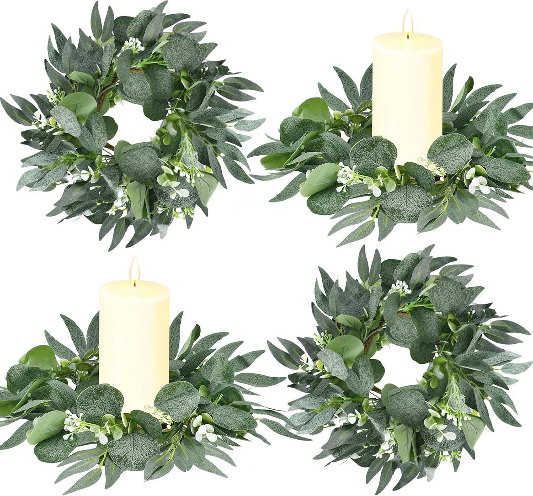 Thinkday 4 Pcs Eucalyptus Candle Ring Small 4 Inch Center Mini Artificial Wreaths Green Floral Leaves Pillar Holder Centerpieces for Wedding Door Wall Window Kitchen Cabinet Farmhouse Decoration