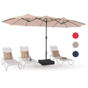 PHI VILLA 15ft Large Patio Umbrellas with Base Included, Outdoor Double-Sided Rectangle Market Umbrella with Stand, Outside Umbrellas for Poolside Lawn Backyard, Beige