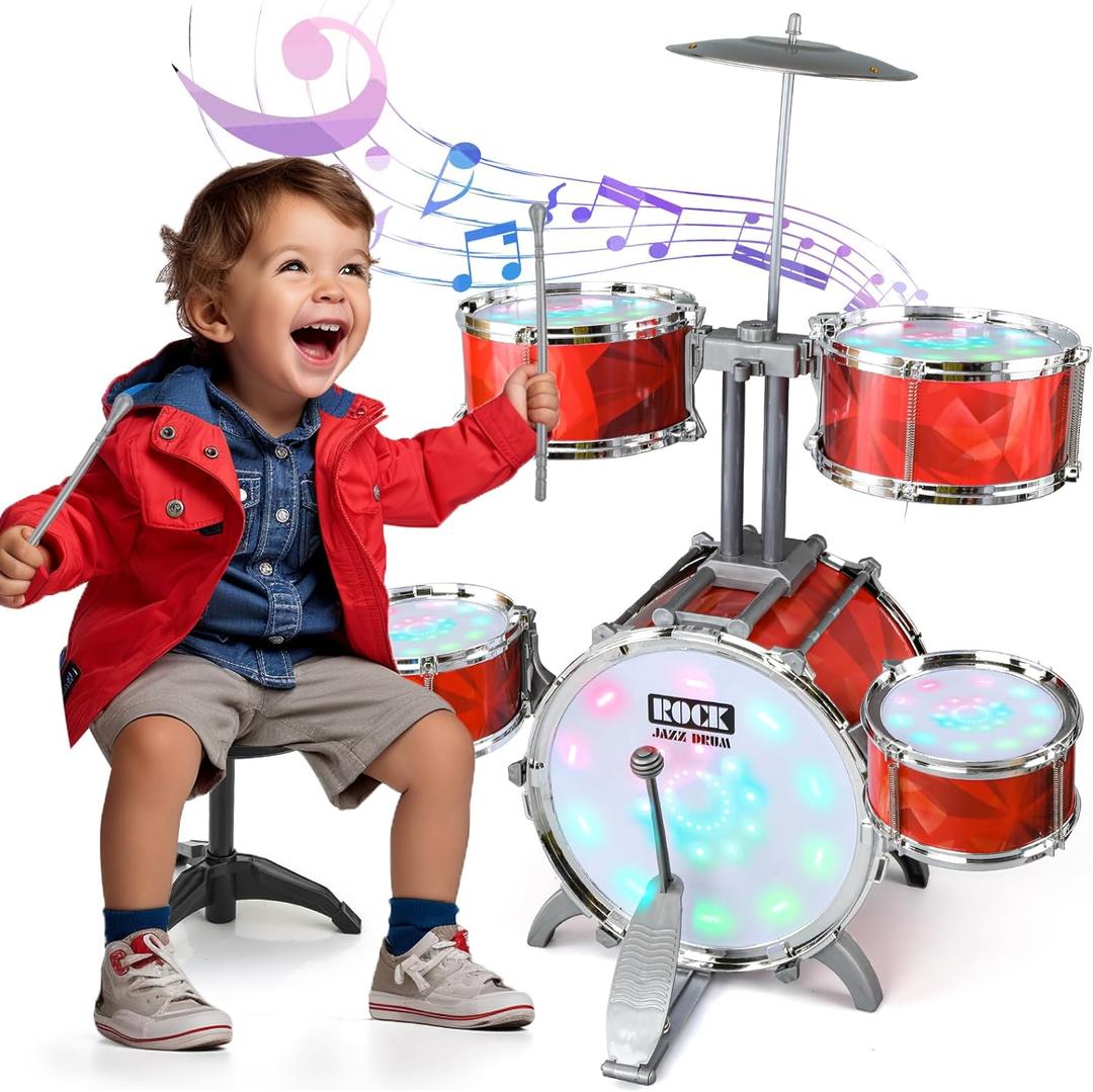 Toddlers Drum Set for Kids 1-3 3-5 with Stool Toys, Higher Bracket of Musical Drum Toys for Toddlers, Red Drumset for Girls Boys 2-4 4-6 Years
