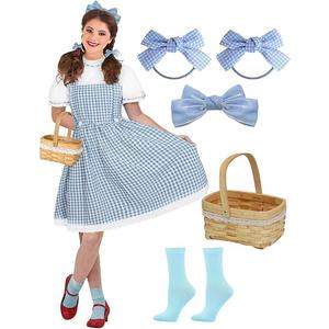 Women's Puff Sleeve Blue Gingham Dress with Bows Socks Wicker Basket Halloween Book Character Costumes for Adults, Size L