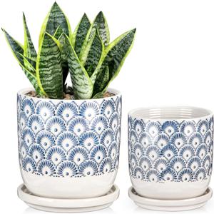 Ceramic Planter Pots for Indoor Outdoor, 5+6 inch Round Flower Pots with Drainage Hole and Tray, Blue and White Plant Pots for Succulent Orchid Flower, Gardening Home Desktop Office Use(Set of 2)
