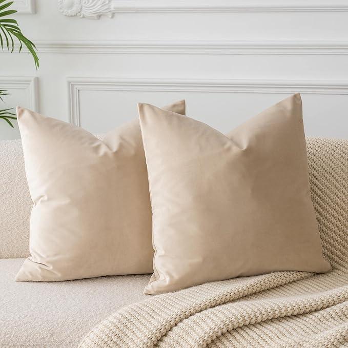 JUSPURBET Throw Pillow Covers Set of 2 Decorative 22x22 Velvet Pillow Covers for Couch Sofa Bed Soft Cushion Covers Cases with Invisible Zipper for Living Room Home Decor,Khaki