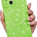 LoeoeL for iPhone 15 Plus Case Glitter Compatible with Magsafe, Girly Cute Sparkly Magnetic Mag Safe Pretty Phone Case for Women, Bedazzled Bling Sparkle Slim Bright Silicone Rubber Jelly, Neon Green