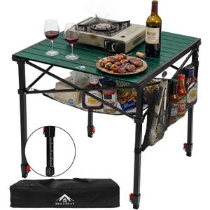 Camping Table Portable Foldable with Adjustable Height, Lightweight Collapsible Aluminum Roll-Up Camp Table with Storage Bag & Carry Bag, Heat-Resistant for RV Picnic BBQ Camping (Large 28"×25")