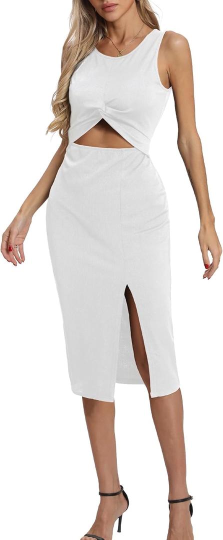 Women's Summer Dress with Slit Sleeveless Crew Neck Cutout Twist Front Crisscorss Ribbed Knit Bodycon Midi Casual Dresses (White, L)