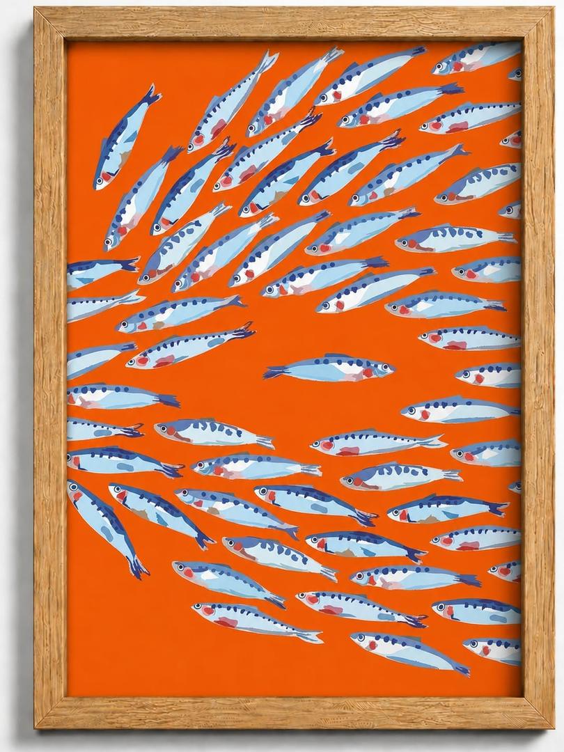 Framed Sardine Canvas Wall Art,Orange Coastal Fish Picture Wall Decor, 24"L x 16"W