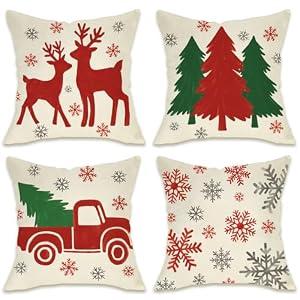 4 x Fahrendom Merry Christmas Nautical Decorative Throw Pillow Covers 18 x 18 Set of 4, Beach Coastal Xmas Shell Anchor Holly Jolly Pillowcase, Winter Holiday Buffalo Plaid Couch Cushion Case Home Decor