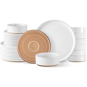 AmorArc Ceramic Dinnerware Set for 8, Speckled Stoneware Plates and Bowls with Rustic Terracotta Underside, Scratch Resistant,Dishwasher & Microwave Safe Dishes Sets- 24pcs White (Service for 8, Modern-White)