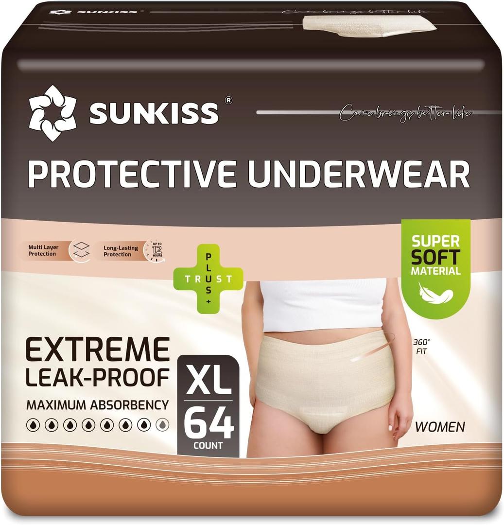 SUNKISS Women Incontinence Underwear, Daytime Disposable Postpartum Adult Panties, Protective Pull Ups with Maximum Absorbency, XLarge, Beige, 64 Count