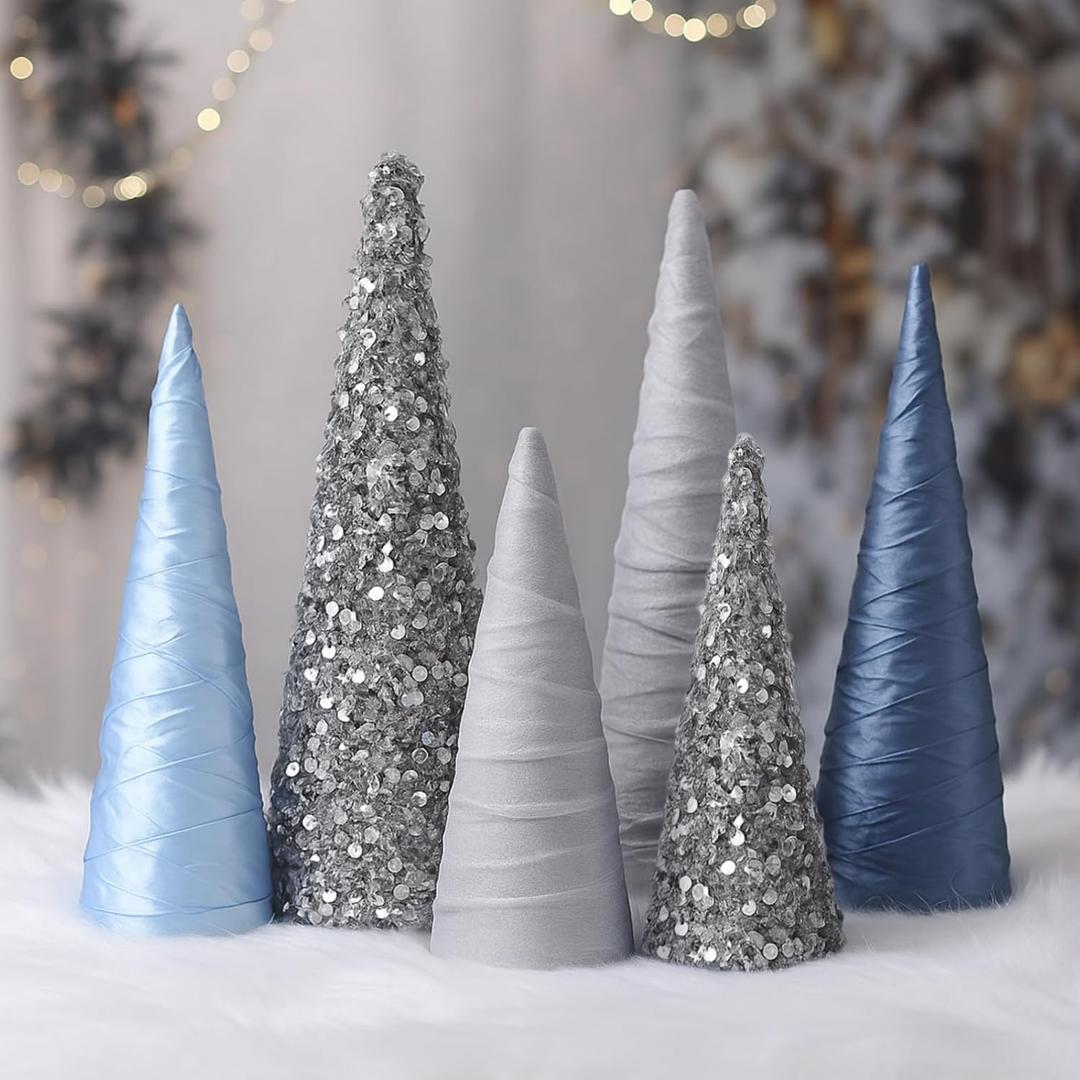 6 Pcs Silver Christmas Velvet Cone Trees Decoration Christmas Glitter Tree Table Centerpiece Silver Ornaments Table Centerpiece for Xmas Tabletop Crafts Wedding Party Room Decoration