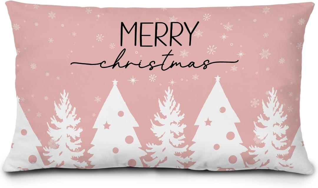 Pink Merry Christmas Pillow Covers 12x20, Preppy Christmas Decor, Pink and White Xmas Tree Snowflake Winter Lumbar Throw Pillow Covers for Girls Room Dorm Apartment
